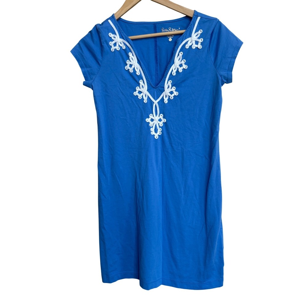 Lilly Pulitzer Blue Pima Cotton Soutache V-Neck Short Sleeve Shift Dress Small - Picture 2 of 6